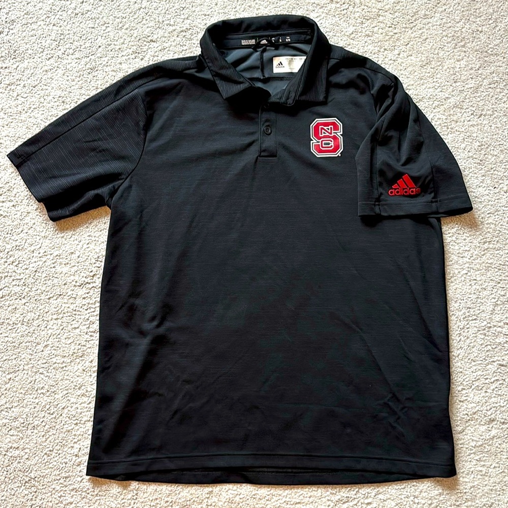 Adidas black NC State polo. EUC. Size XL. Red block S logo on chest.